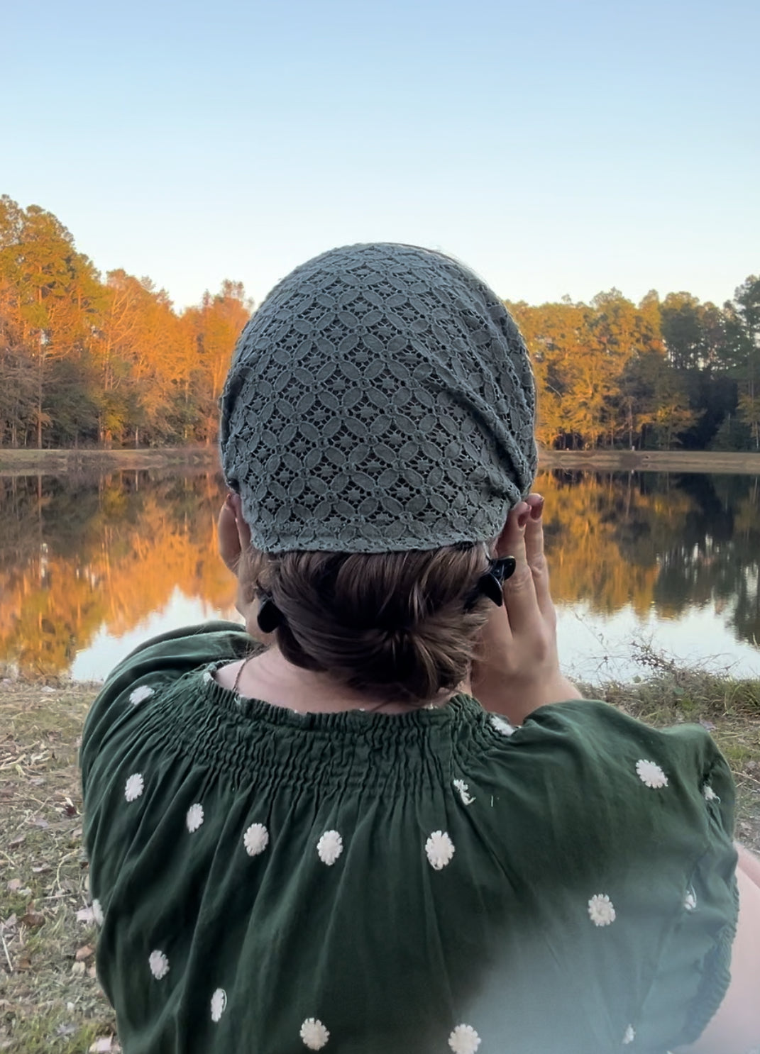 Gold Chain Jeweled Headband on Sage Lace