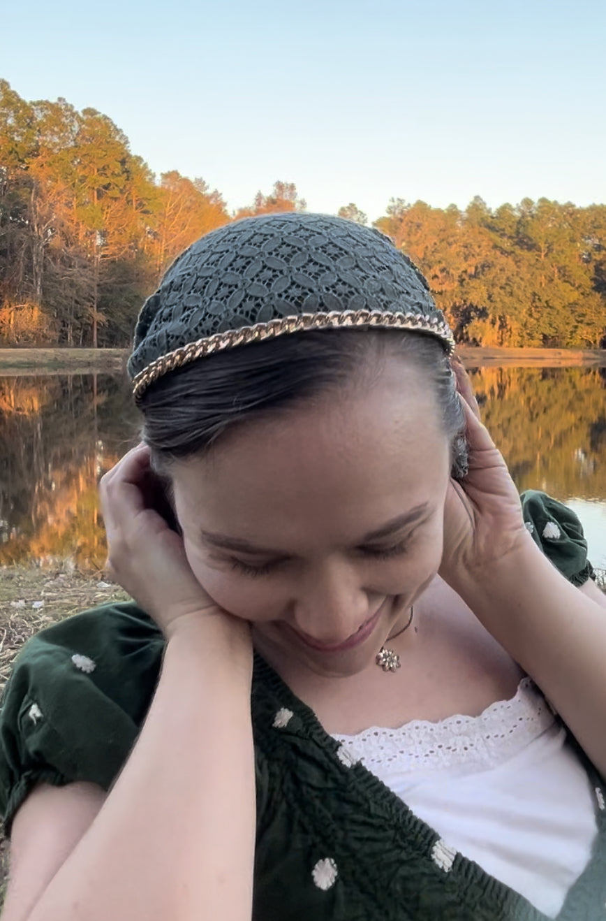 Gold Chain Jeweled Headband on Sage Lace