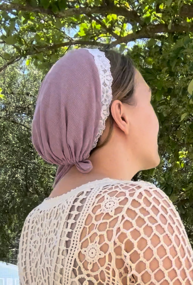 Lavender ribknit stretchy lace edged coverings.