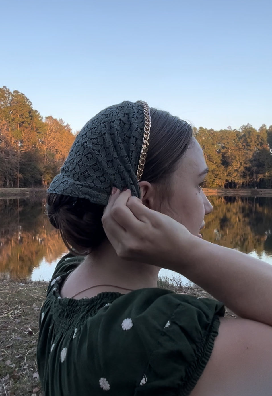 Gold Chain Jeweled Headband on Sage Lace